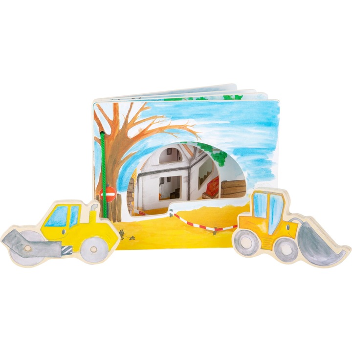 Carte interactiva pentru bebelusi, Autovehicule pe santier, Lemn, +1 an, 18x15x2 cm, Multicolor