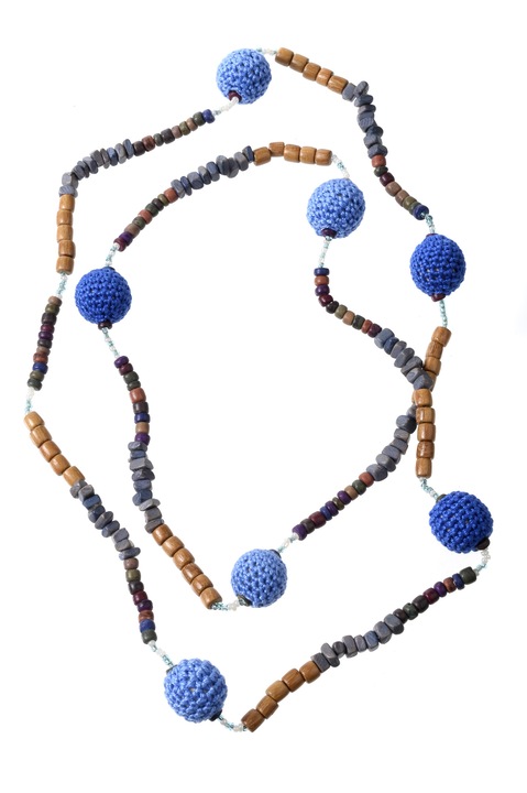 Colier handmade din bile de lemn, Gloria Maris, 4532 Albastru/Maro, 50 cm