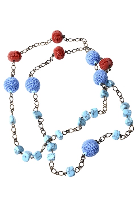 Kézzel készített fagolyókból készült nyaklánc, Gloria Maris, 8475 Türkiz/piros, 60 cm