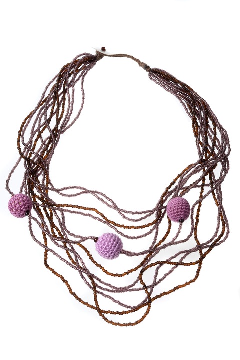 Colier handmade margele si din bile de lemn, Gloria Maris, 845 Maro/Roz, 50 cm