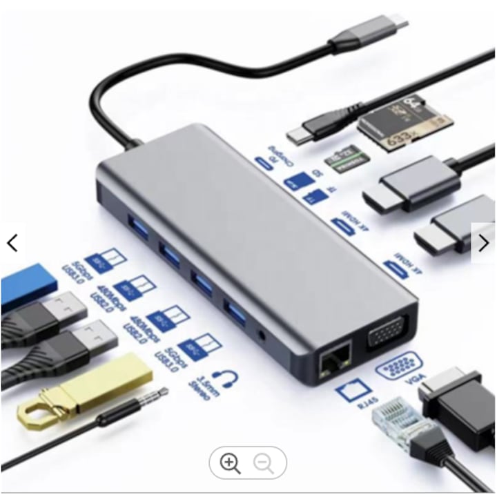 Adapter Multiport Hub 12az1 USB-C 2x HDMI 4K / VGA / 4x USB / SD i micro SD / mini Jack / Gigabit Ethernet / Power Delivery 87W