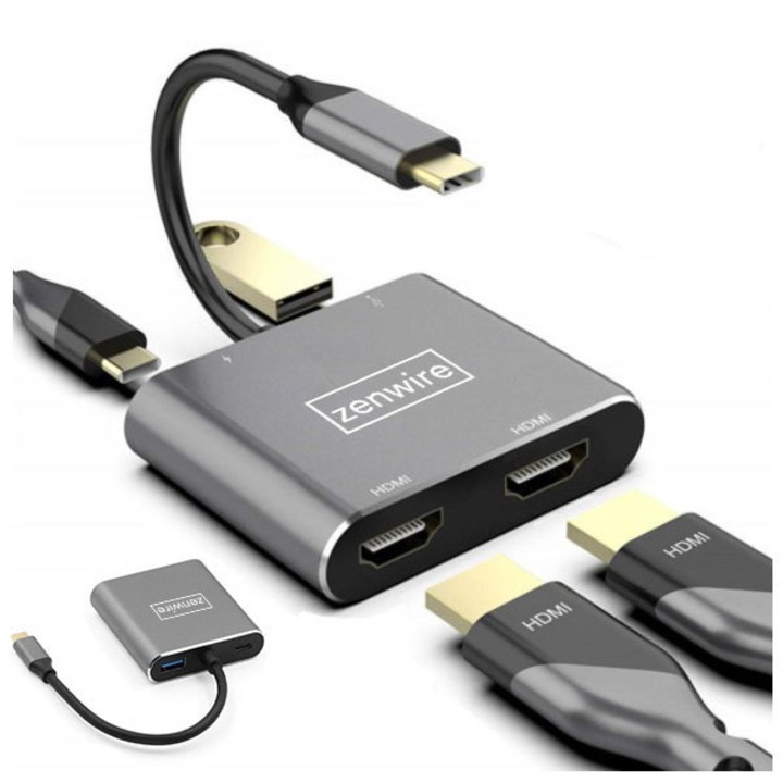 Zenwire Hub Adapter Multiport 4 az 1-ben, USB-C / 2 x HDMI 4K / USB 3.0, Space Grey