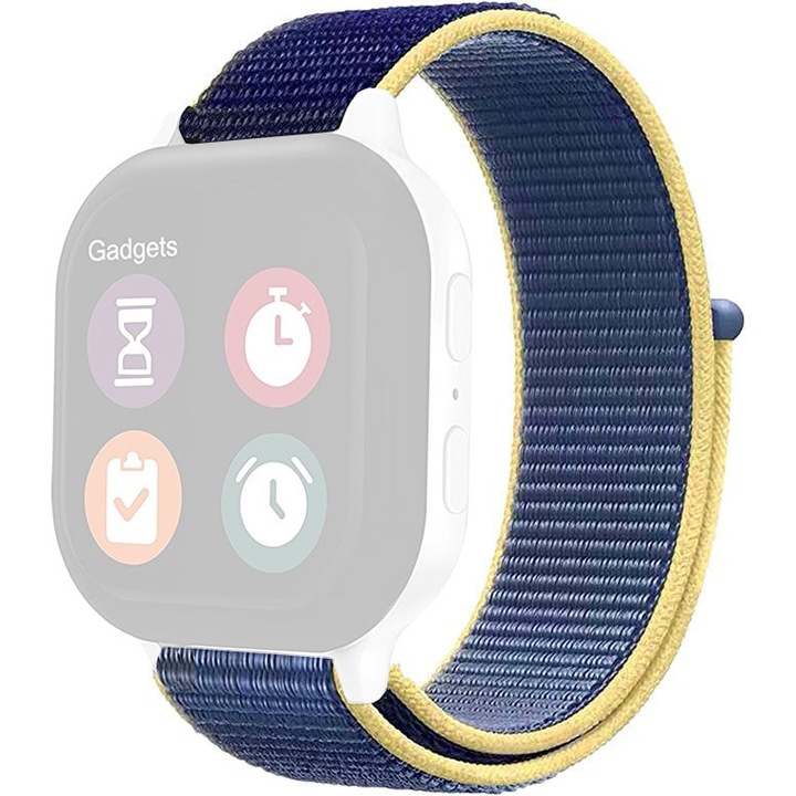 Curea din material textil nailon LQT sport loop, compatibila cu Apple Watch 7/6/5/4/3 Display 42/44/45 mm, Albastru/galben