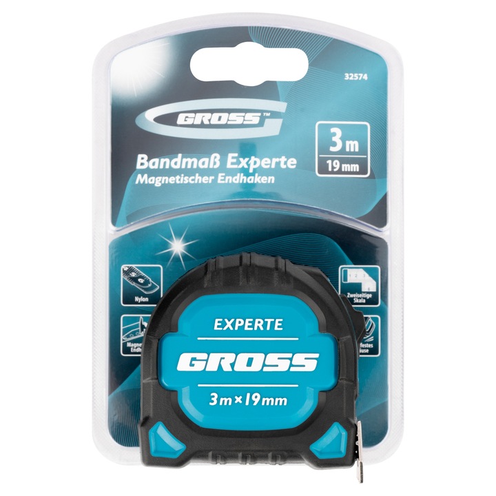 Banda de masurare Experte, 3 m x 19 mm, magnet, marcaje pe doua fete, GROSS