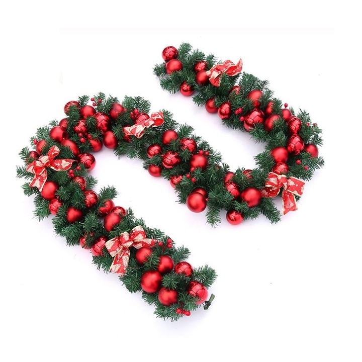 GIMASE karácsonyi díszfüzér, 2,70 m, zöld, gömbökkel, masnikkal