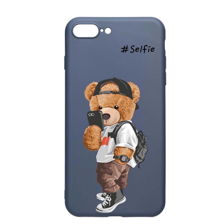 Husa Silicon, Compatibila Cu Apple iPhone 8 Plus / 7 Plus, Selfie - Teddy Bear, rezistenta la uzura, Albastru Navy AB 925