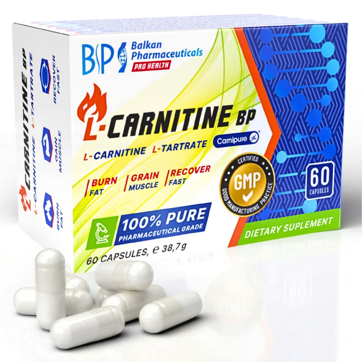 Supliment alimentar L-Carnitina BP Balkan Pharmaceuticals, 60 capsule, L- Carnitine + L-Tartrate, Sustine arderea grasimilor, metabolism energetic,  energie pentru antrenamente, reducerea oboselii, Vitamine B1 si B6, 38.7 g 