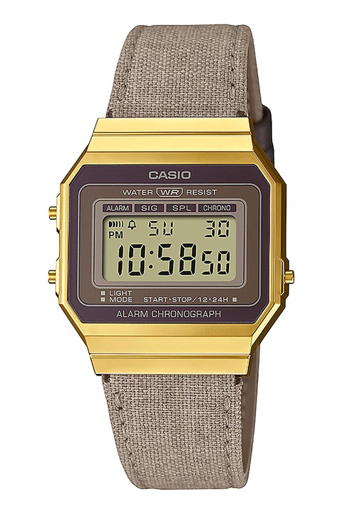 Casio, Унисекс дигитален часовник с текстилна каишка, Златист, Кафяв