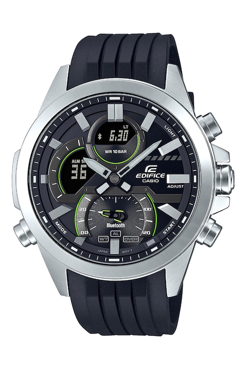 Casio, Аналогов електронен часовник с гумена каишка, Сребрист, Черен
