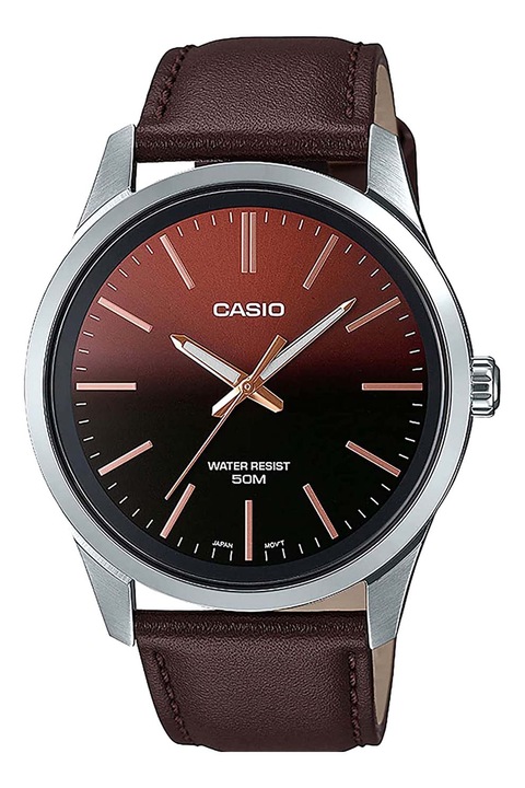 Casio, Овален часовник с кожена каишка, Сребрист, Канела