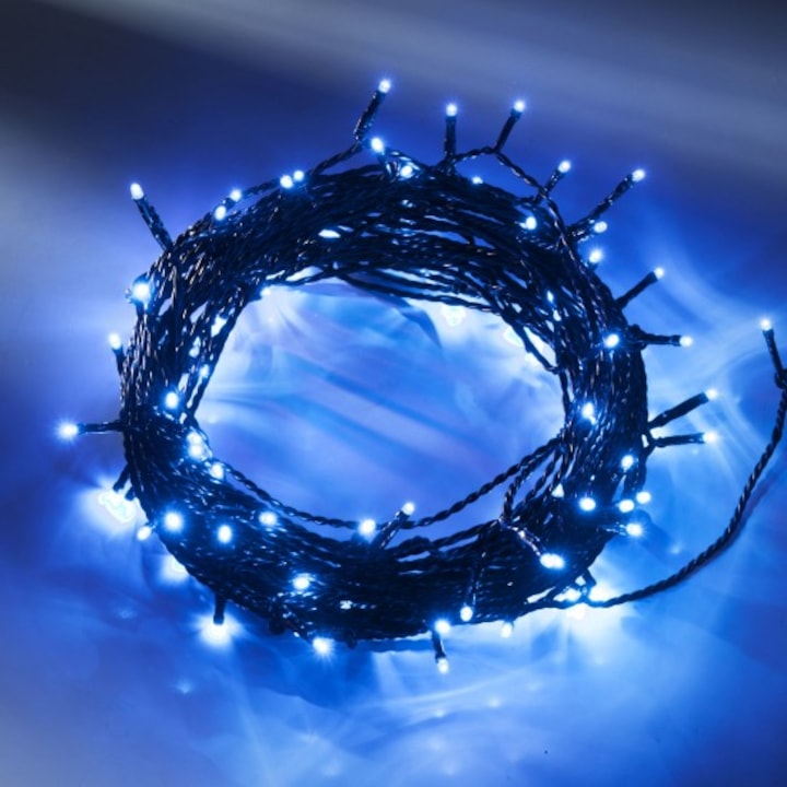 Karácsonyi installáció Lineáris, fekete vezetékkel, 20 m, 300 LED, kék, fa füzér, füzérrel