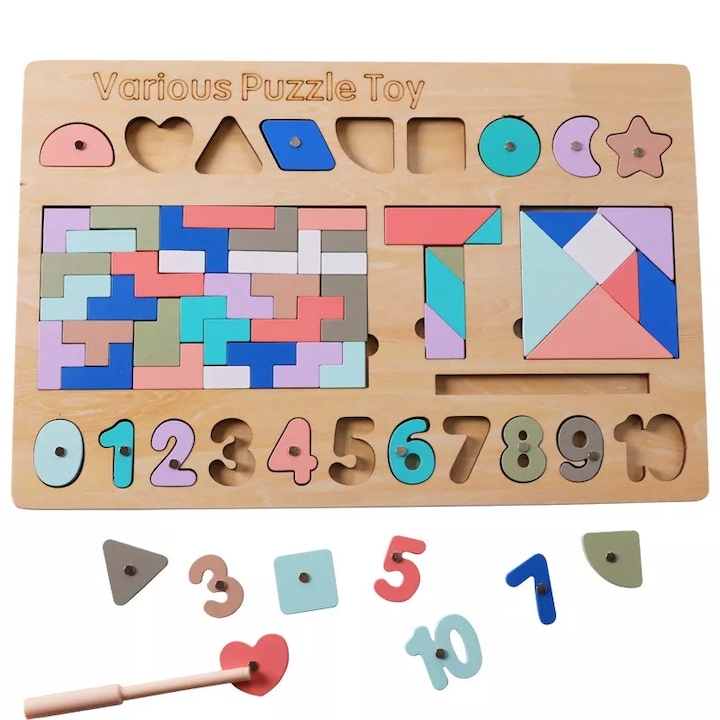 Пъзел играчка, многоцветна, Toyska®, Дървена образователна игра 5 дейности Различни