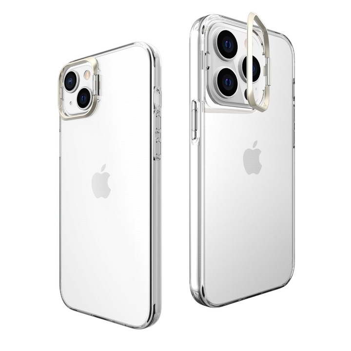 Védőtok iPhone 14 Pro Max készülékhez, fém kameratartóval, Bracket Series, Flippy, Anti-Shock Protection, Matt PC, puha szilikon a széleken, Átlátszó