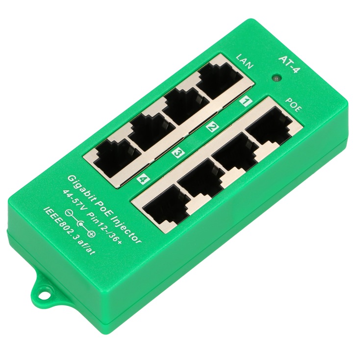 PoE Инжектор Extralink 4 Порта Gigabit 802.3af at Активен Захранване PoE За IP Камери Access Point Суич Мрежа LAN Mode A