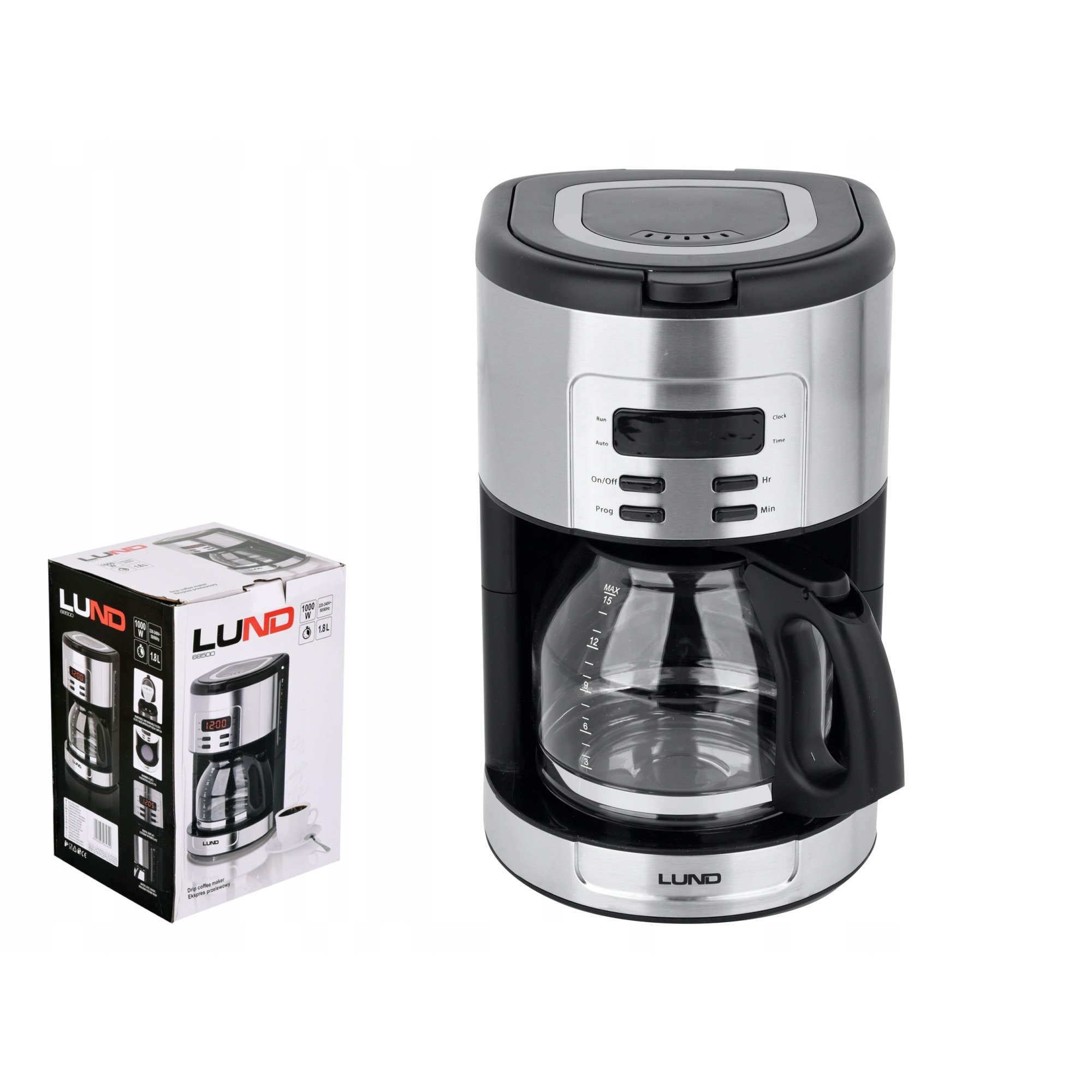 Aparat de cafea, LUND, 1000W, TIMER, Display digital, 1,8 l, Negru/Argintiu