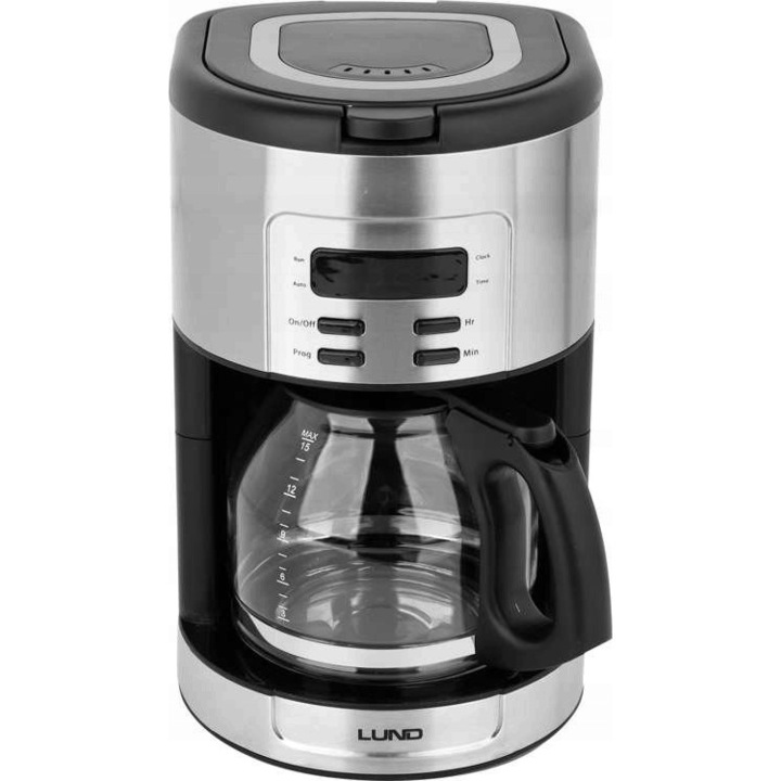 Aparat de cafea, LUND, 1000W, TIMER, Display digital, 1,8 l, Negru/Argintiu