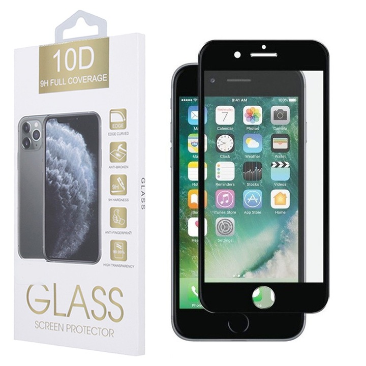 iPhone 6 / 6S kompatibilis üvegfólia, előlapi, 10D, edzett, hajlított, fekete kerettel