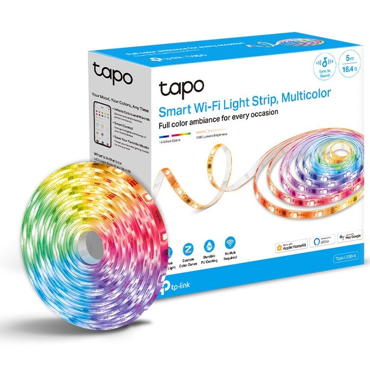 Banda LED RGBWIC inteligenta TP-LINK Tapo L930-5, Wi-Fi, control vocal, sincronizare muzica, 13W, 1000 lm, compatibil Amazon Alexa si Google Assistant, 100-240V, 5m