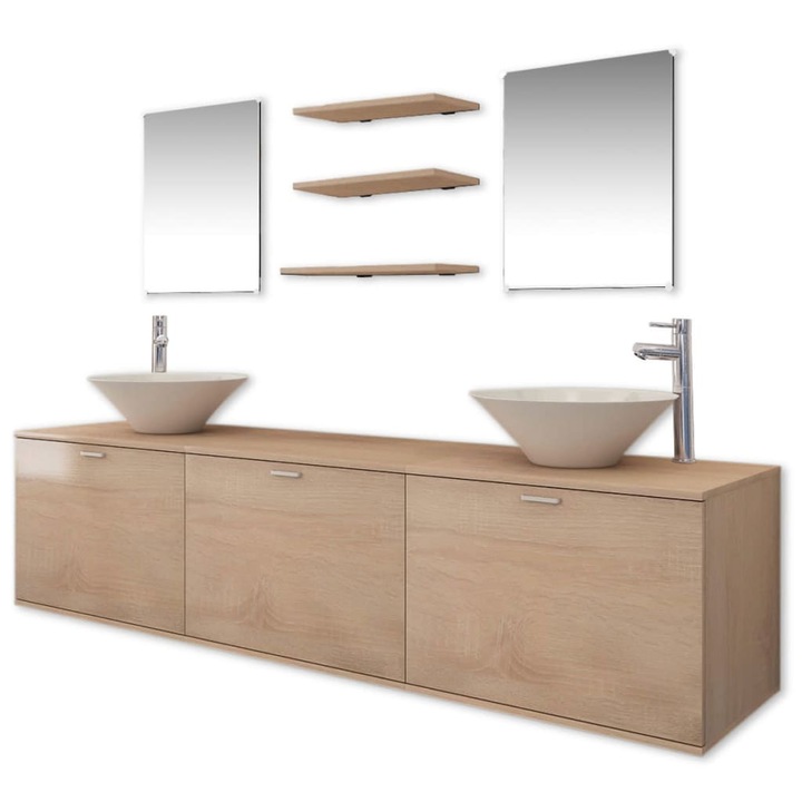 Set mobilier baie 10 piese cu chiuvete si robinete incluse, Bej, Stabil si durabil 273692