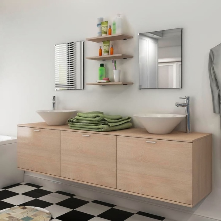 Set mobilier baie 10 piese cu chiuvete si robinete incluse, Bej, Decorativ, stil elegant, Mobila3100