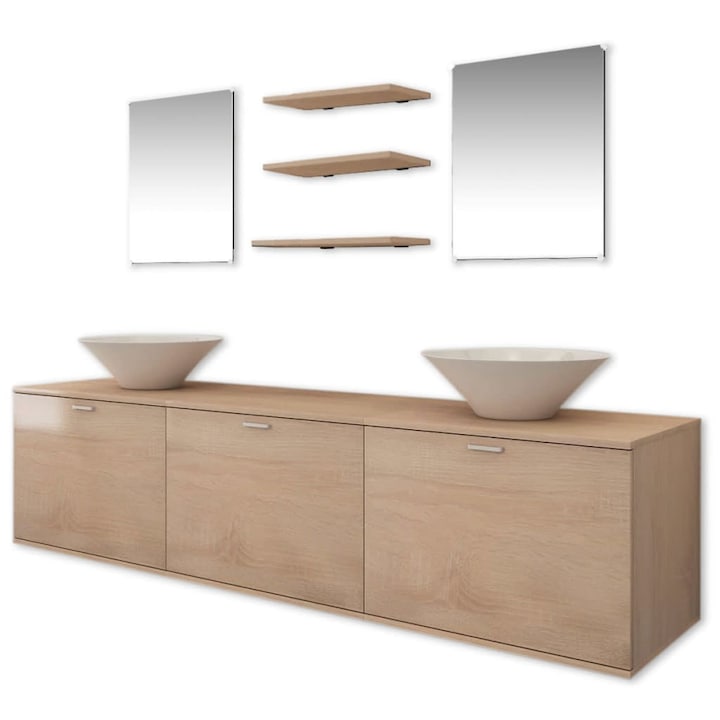 Set mobilier baie format din 8 piese cu chiuvete incluse, Bej, Stabil si durabil 272234