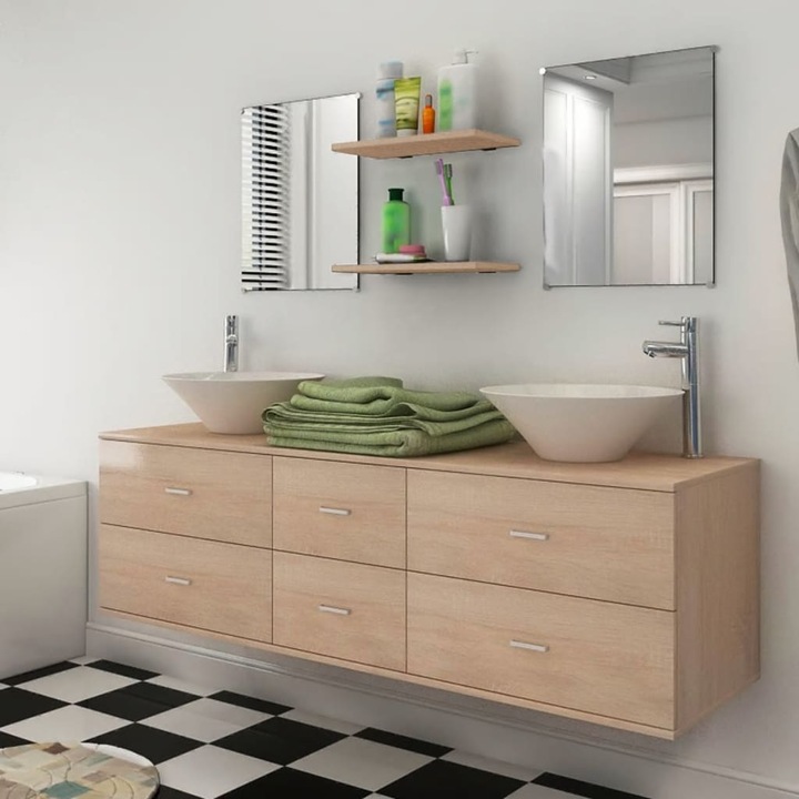 Set de mobilier de baie cu 7 piese si chiuvete incluse, bej, Design Unic,150 x 45 x 45 cm - 316881