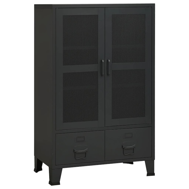 Скрин, Zakito Europe, Индустриален стил, Метал, 2 рафта, 2 чекмеджета, черен, 70x40x115 см