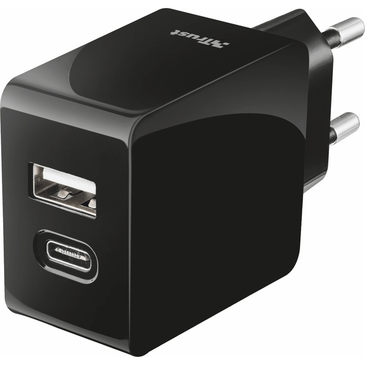 Trust Fast Dual USB aljzatos töltő, C típusú, fekete