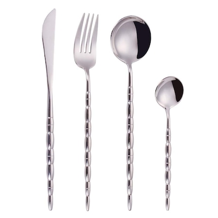 Set tacamuri pentru 6 persoane, 24 piese, de lux argintii, cu design nordic, din inox, high mirror polish