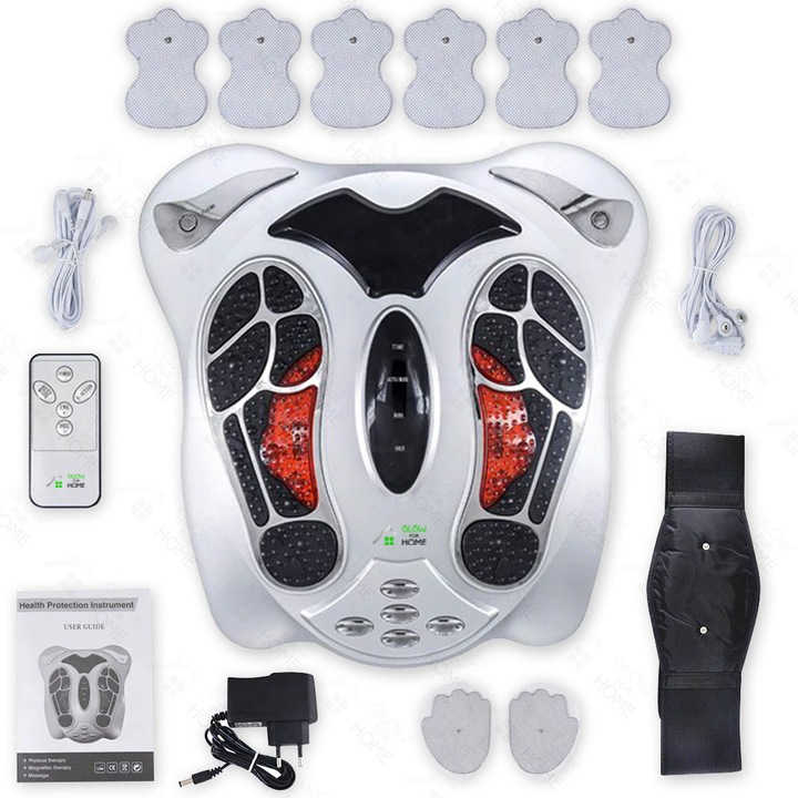 Dispozitiv de masaj EMS pentru picioare, GlowforHome, 25 Moduri masaj, 99 nivele de intensitate, 8 paduri electrostimulare musculara, infrarosu, telecomanda, afisaj digital, stimulare, impulsuri electromagnetice, Argintiu