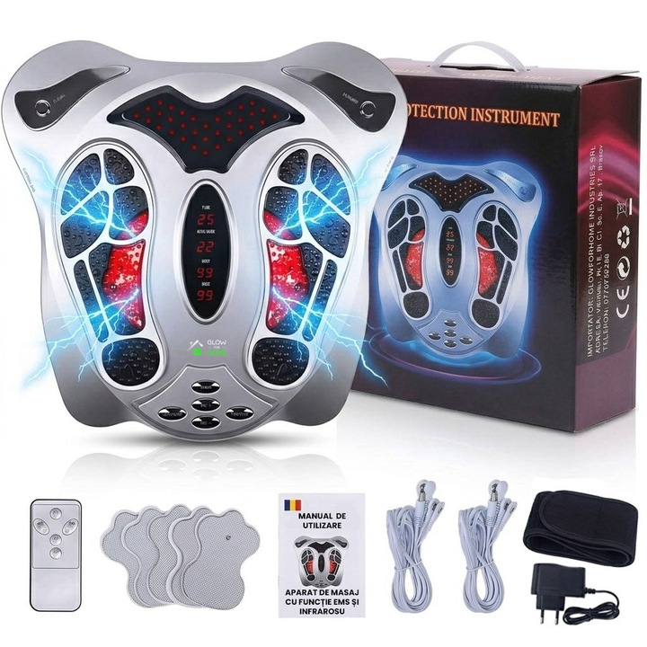 Aparat Masaj Picioare Electrostimulare Fizioterapie/Reflexoterapie Musculara, GlowforHome, Impulsuri Electromagnetice EMS Talpi, Infrarosu, Electroterapie, Stimulare Drenaj Limfatic, 25 Moduri, 99 nivele, 8 electrozi, Telecomanda, Afisaj Digital, Argintiu