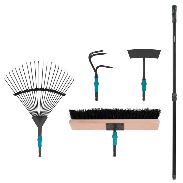 Set de unelte de gradinarit VONROC GC517XX, 4-in-1, Sistem V-Fix, grebla de frunze, matura, sapa si cultivator, coada aluminiu 130cm