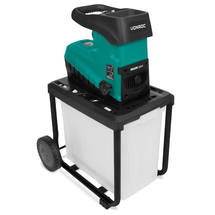 Kerti aprítógép, VONROC, GS503AC, indukciós motor, 2800 W, 45 mm vastagságú ágakig, 60 literes gyűjtőedény, kerekek, tolókar, biztonsági kapcsoló, túlterhelés és újraindítás elleni védelem