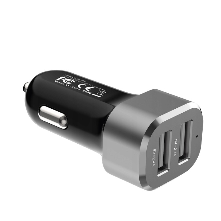 Autós töltő, Crong, Power Car Charger 24W, 2 x USB. Szürke/fekete