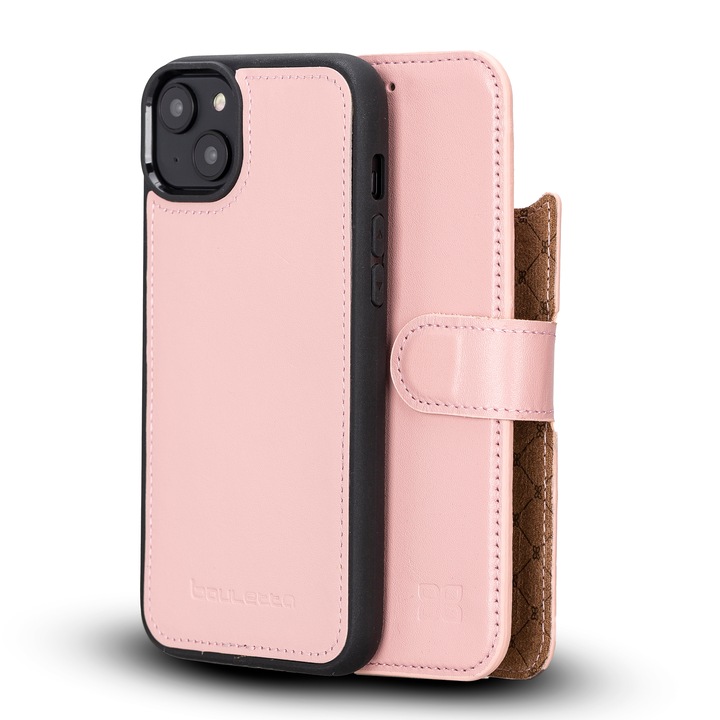 iPhone 14 2 az 1-ben természetes bőrtok, Magsafe-vel, pénztárca + back cover típus, Bouletta Magic Wallet, Nude Rózsaszín