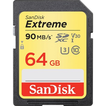 Card de memorie SanDisk Extreme SDXC, 64 GB, Clasa 10, UHS-I, V30, 90 MB/s Card de memorie SanDisk Extreme SDXC, 64 GB, Clasa 10, UHS-I, V30, 90 MB/s