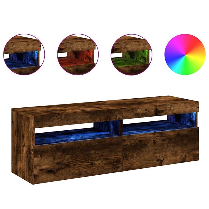Set comode TV cu lumini LED vidaXL, 2 buc., stejar fumuriu, 60x35x40 cm, 24.1 kg