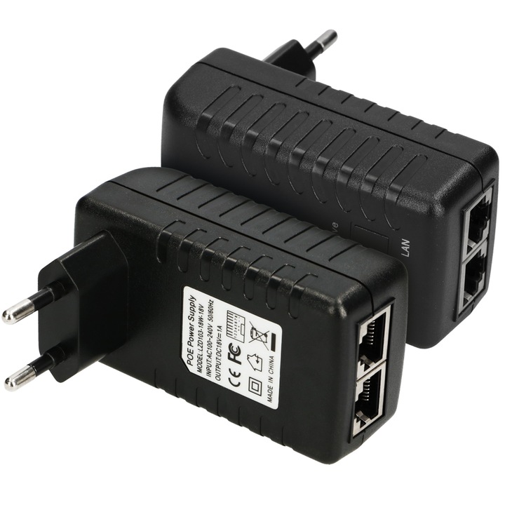 Alimentator PoE Extralink POE-18-18W, 18V, 1A, 18W, cu mufa pentru priza electrica, furnizare stabila energie prin cablu de retea, protectie la suprasarcina si scurtcircuit, instalare rapida si sigura, fiabil pentru echipamente telecom