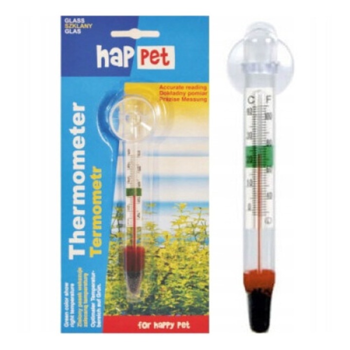 Termometru pentru acvariu, Happet, Sticla, Cu ventuza, 11 cm
