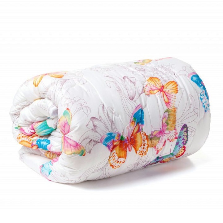 Pilota imprimata, fabricata din microfibra matlasata, dimensiuni produs 140 x 200 cm, imprimeu fluturi