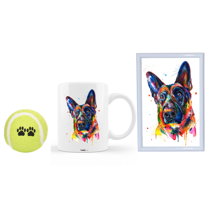 Set cadou personalizat pentru iubitorii de animale, cana ceramica alba cu imagine caine rasa German Shepherd colorat, rama foto 10 x 15 cm si minge pentru caini
