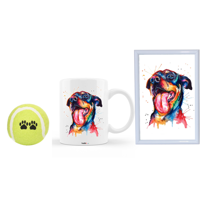 Set cadou personalizat pentru iubitorii de animale, cana ceramica alba cu imagine caine rasa Rottweiler colorat, rama foto 10 x 15 cm si minge pentru caini