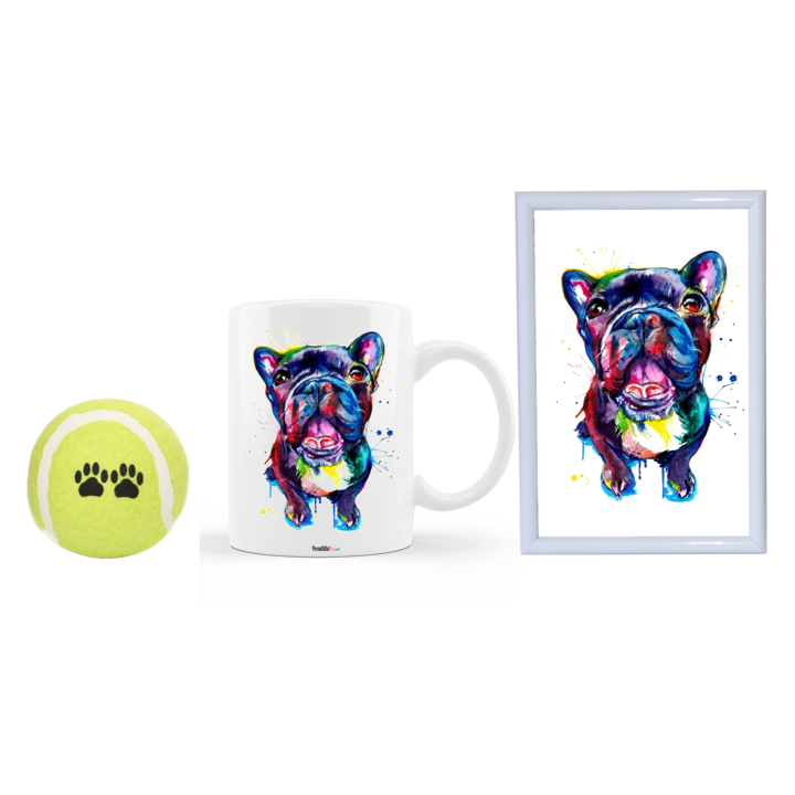 Set cadou personalizat pentru iubitorii de animale, cana ceramica alba cu imagine caine rasa Bulldog Francez colorat, rama foto 10 x 15 cm si minge pentru caini