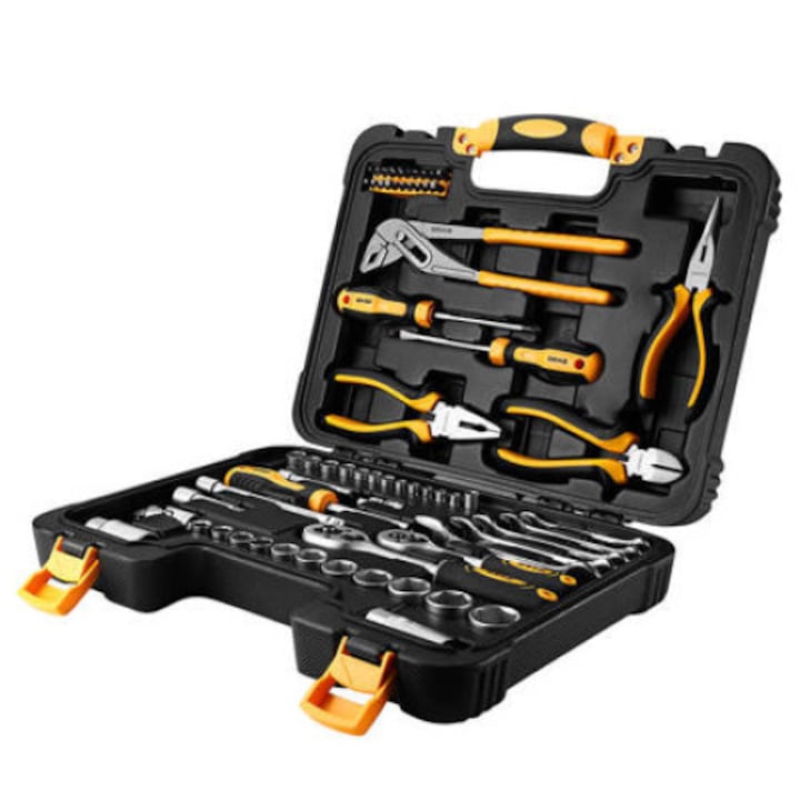 Set scule Deko Tools TZ65 – 65 instrumente de lucru, ideal pentru atelier auto si hobby, Negru/Portocaliu