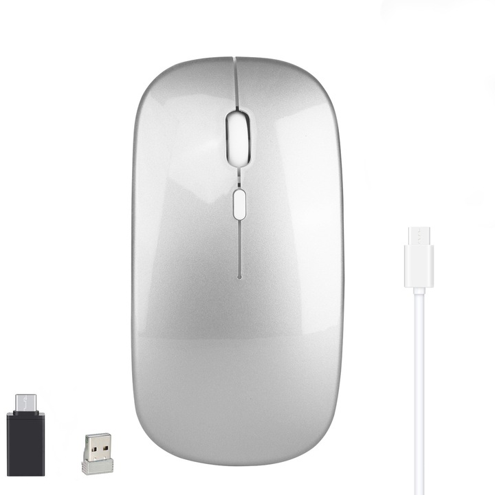 Безжична мишка, презареждаема, 2.4G, USB /USB C, сребриста