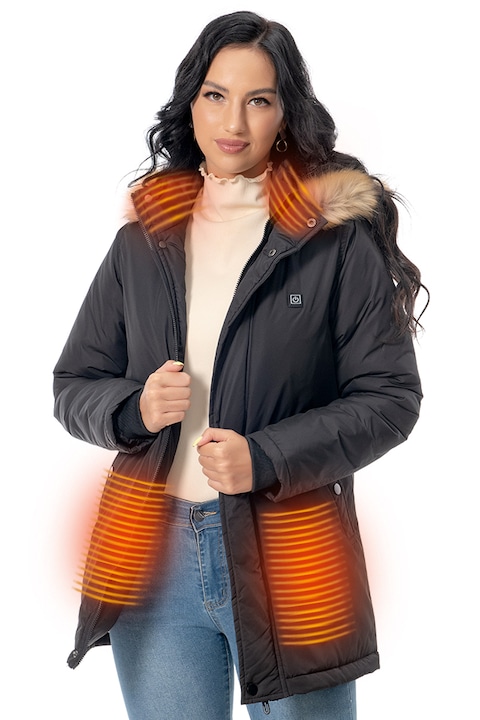 Dollcini, elegáns fűthető női kabát, télikabát,9 fűtött elem USB fűtési rendszerrel, Szélálló elektromos szigetelt,401251, Fekete, S - 3XL
