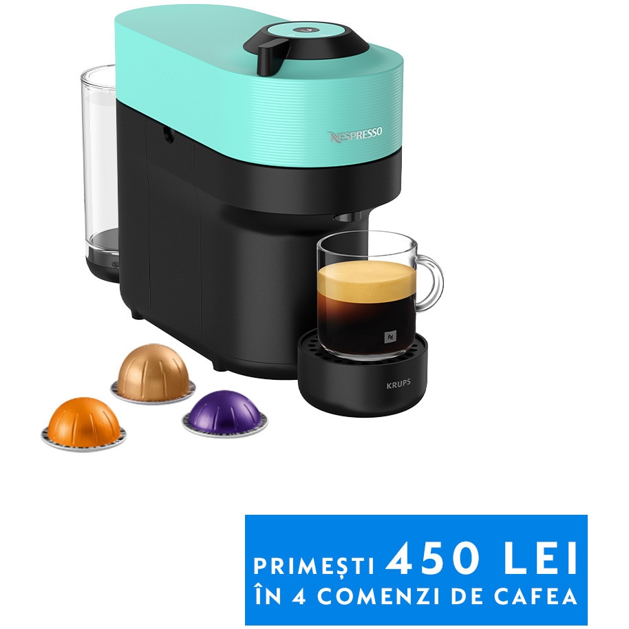 Espressor KRUPS cu capsule Nespresso Vertuo Pop XN920410, 1500W, 19 Bar, Centrifusion™, Conectare la telefon, 0.6L, Mint + set capsule degustare