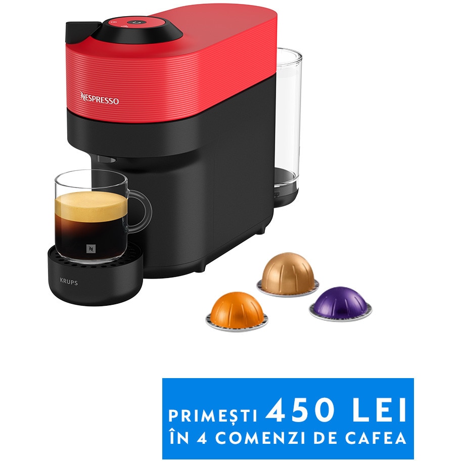 Espressor KRUPS cu capsule Nespresso Vertuo Pop XN920510, 1500W, 19 Bar, Centrifusion™, Conectare la telefon, 0.6L, Rosu + set capsule degustare