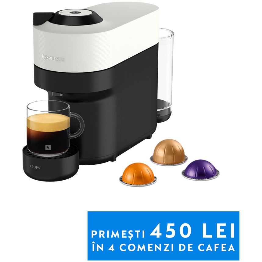 Espressor KRUPS cu capsule Nespresso Vertuo Pop XN920110, 1500W, 19 Bar, Centrifusion™, Conectare la telefon, 0.6L, Alb + set capsule degustare