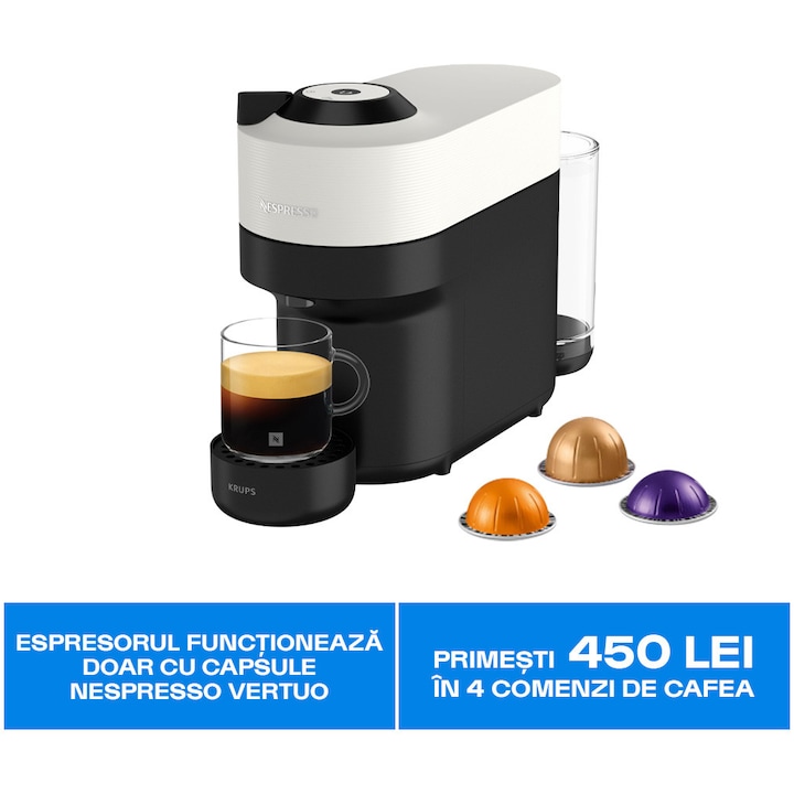 Espressor Nespresso by Krups Vertuo Pop XN920110, 1500W, 19 Bar, Centrifusion™, Conectare la telefon, 0.6L, Alb, set capsule degustare inclus